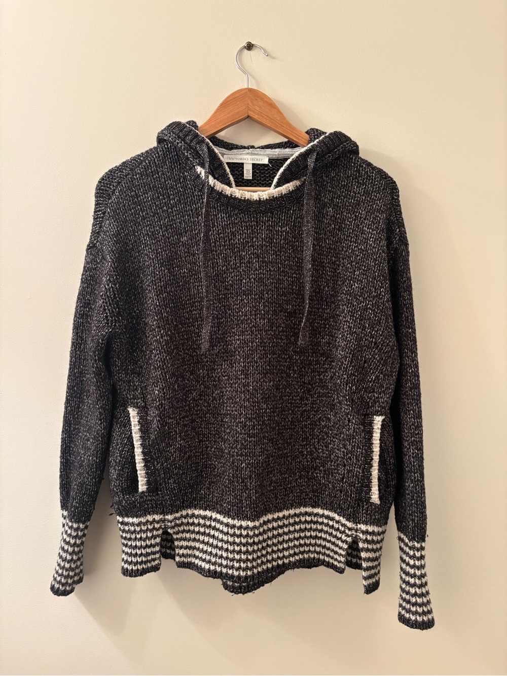 Victoria’s Secret Charcoal Hooded Knit Sweater with Contrast Trim in Size XS